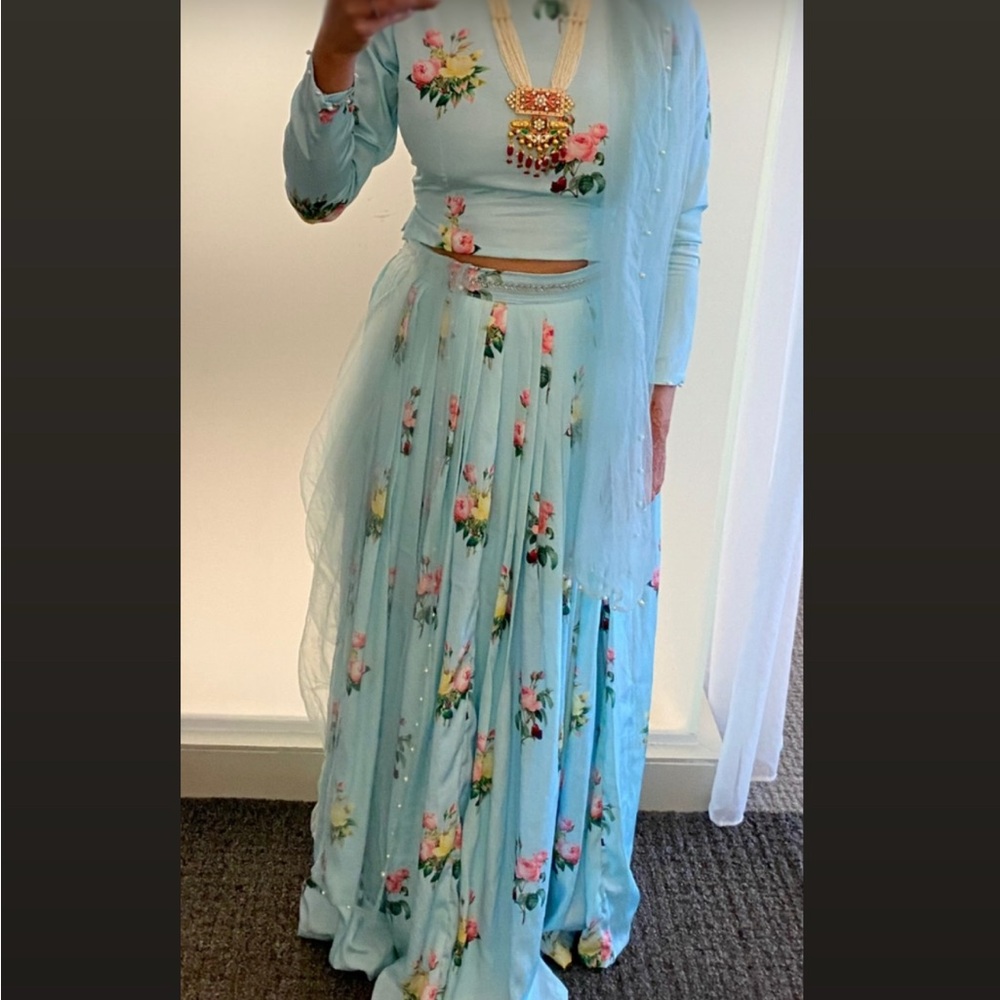 Blue, pink and yellow floral saree